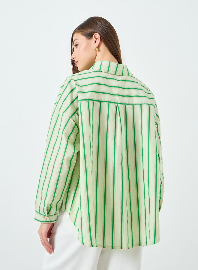 Styli Women Green Striped Oversized Shirt - Image 3